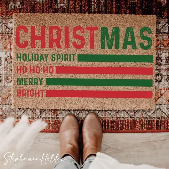 Tis The Season Christmas Doormat, Buffalo Plaid Tree Welcome Doormat