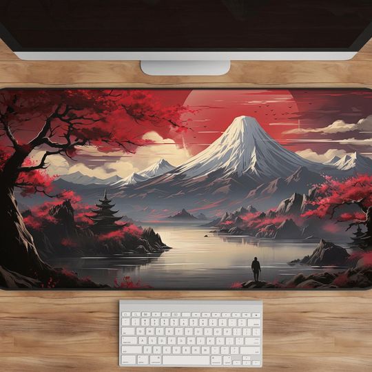 Discover Samurai-Inspired Desk Mat with Japanese Red Mountain Scenery