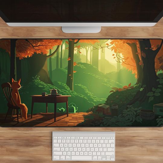 Discover Whimsical Forest Desk Mat - Cute Fox Scene, Nature-Inspired Mouse Pad