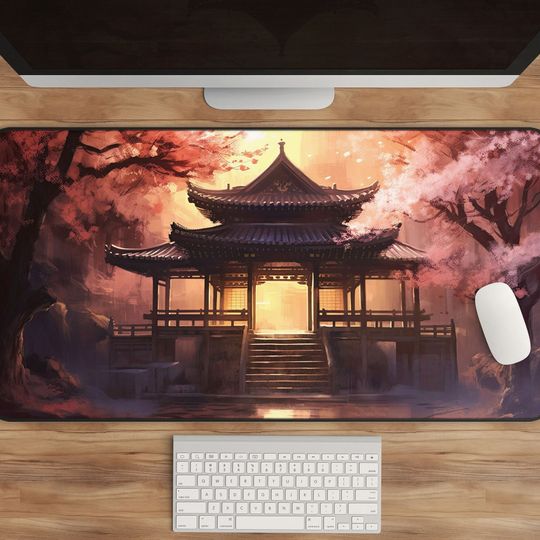 Cherry Blossom Desk Mat - Sakura Forest Temple Pagoda