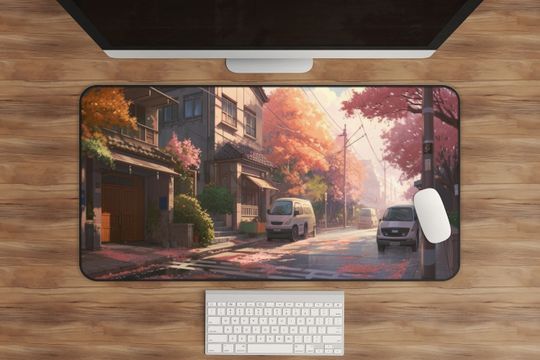 Anime Lofi Aesthetic Desk Mat - Japanese Village in Autumn
