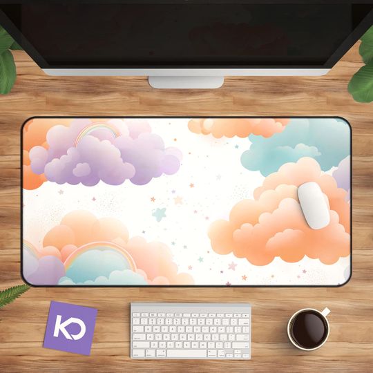 Pastel Cloud Desk Mat, Kawaii Rainbow Mouse Pad, Cute Cloud Computer Mousepad