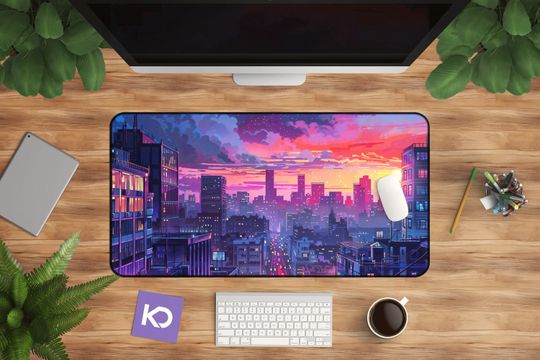 Discover Vaporwave Desk Mat Tokyo Skyline Neon Purple Workspace Accessory
