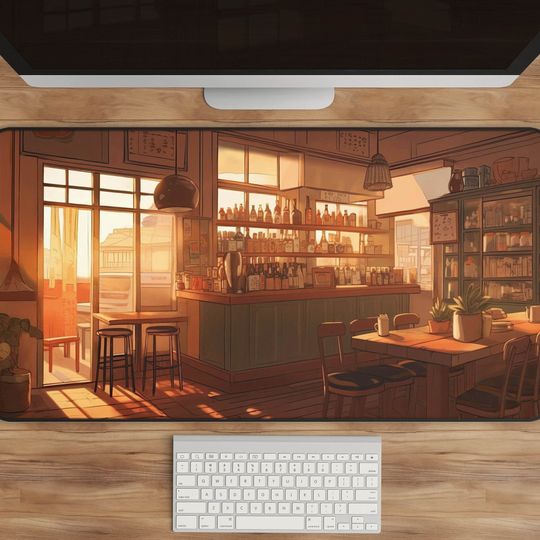 Discover Anime Cafe Sunrise Desk Mat - Lo-Fi Anime Aesthetics, XL Gaming Mouse Pad, Workspace Decoration