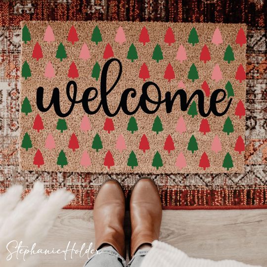 Discover Welcome Doormat, Tis The Season Christmas, Custom Buffalo Plaid Tree Welcome Mat, Holiday Porch Decor, Rustic Farmhouse Entry Rug Doormat