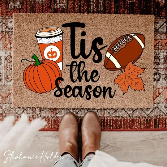 Fall Doormat, Tis The Season Doormat, Fall Coffee Pumpkin Doormat, Autumn Doormat for Fall Decorations