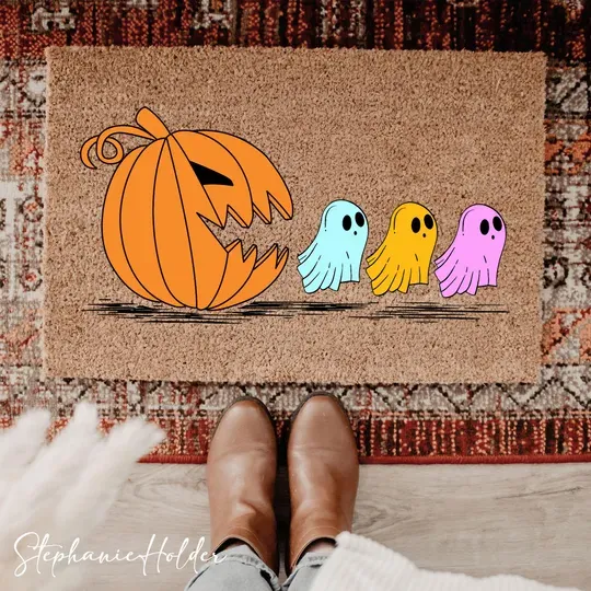 Pumpkin Ghosts Doormat, Funny Halloween Doormat, Cute Ghost Doormat, Spooky Pumpkin Porch Decor, Trick or Treat Mat, Halloween Decor