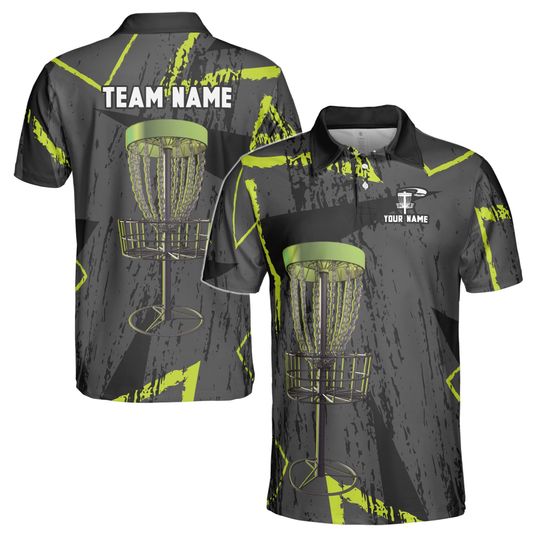 Custom Name Team Disc Golf Grunge Black Green Pattern Men's Polo Shirt