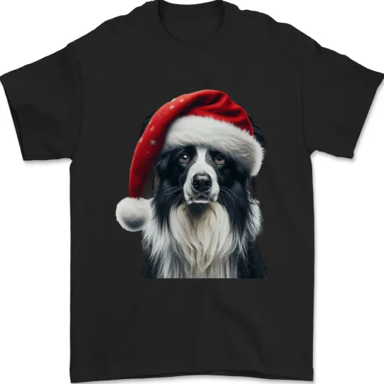 Discover Christmas Border Collie T-Shirt with Xmas Hat for Men