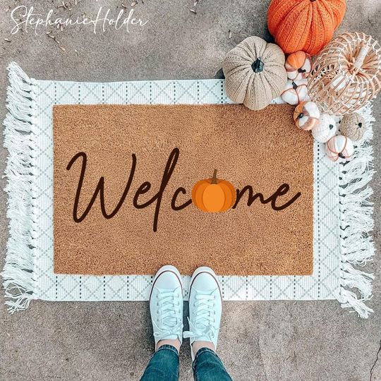Discover Pumpkin Doormat, Welcome Mat, Fall Autumn Decor, Halloween Decor, Housewarming Gift, Hello Fall, Custom Family Name Pumpkin Door Mat