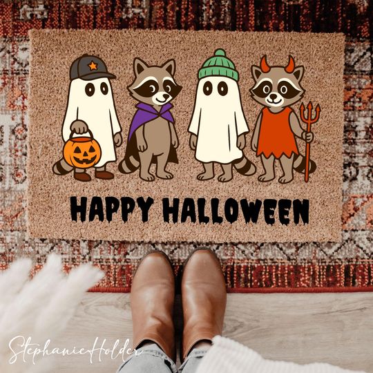 Discover Happy Halloween Raccoon Doormat, Spooky RaccoonDoormat, Welcome To Our Haunted House Doormat, Ghost Raccoon Welcome Mat, Spooky Porch Decor