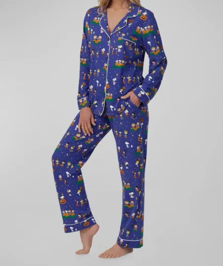 Bed Head Pjs x Peanuts Women's Blue Halloween Print Pajama Set Sleepwear Size M