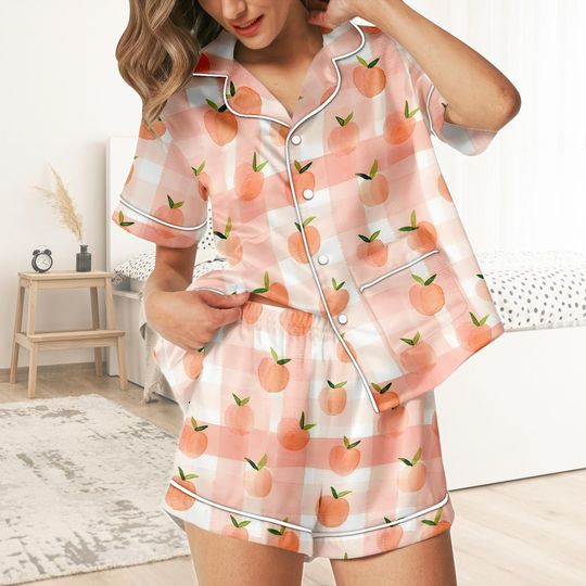Peach Short Satin Pajamas, Fruit Print Peach Pajamas Set Women, Pastel Silk Pajamas For Women, Summer Matching Pajama Shorts Women