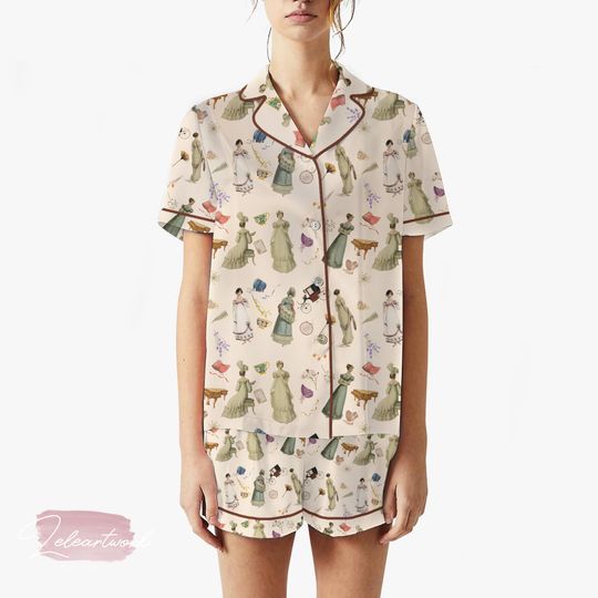 Miss Bennet Set | Silky Satin Pajama Set for Women | Jane Austen Regency Print Sleepwear | Bookish Cottagecore Loungewear