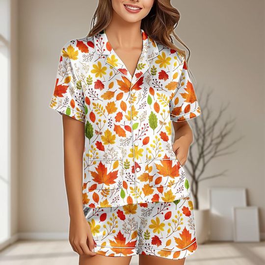 Autumn Leaves Satin Pajamas Set, Fall Foliage Women Pajamas, Cottagecore Sleepwear, Boho Nature Pajamas For Her, Cute Girly Pajamas