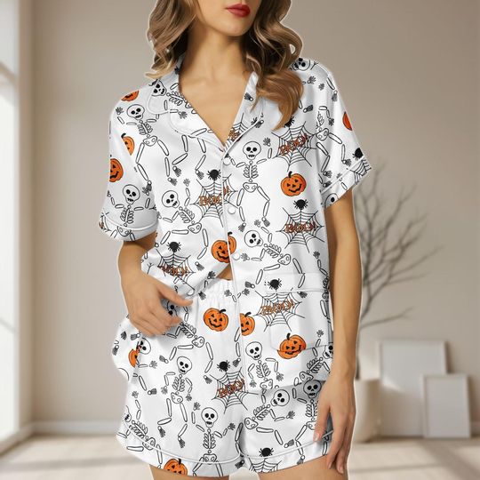 Halloween Skeleton Satin Pajamas Set, Cute Pumpkin Women Pajamas, Spider Web Boo Sleepwear, Spooky Holiday Pajamas, Halloween Gifts