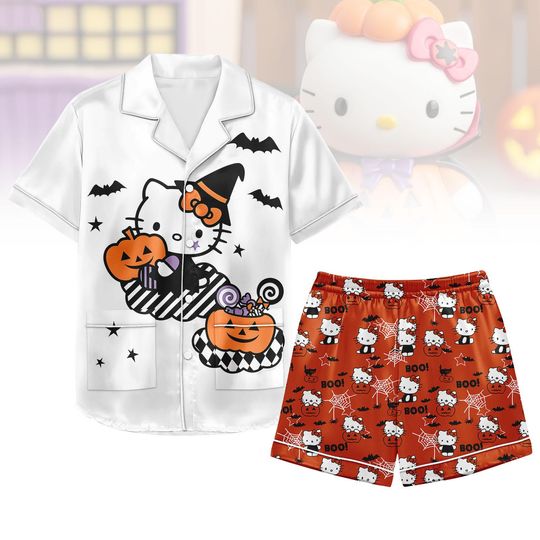 Halloween Cat Satin Pajamas, Super Kitties Women Pajamas, Black Cat Boo Silk Pajamas, Spooky Season, Halloween Gift