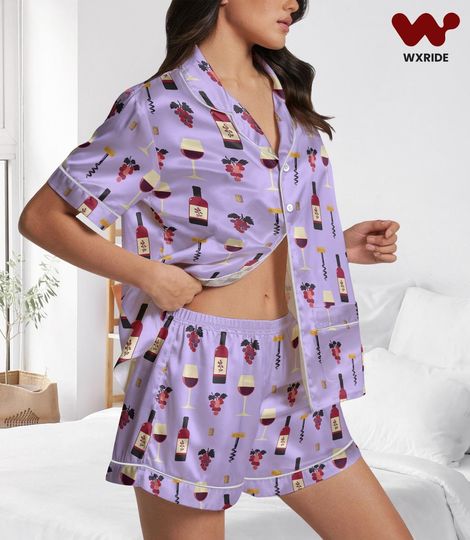 Grape Wine Short Satin Pajamas, Wine Lover Bridesmaid Pajamas, Red Wine Bottle, Short Sleeve Pajamas, Drink Lover Pajamas Women