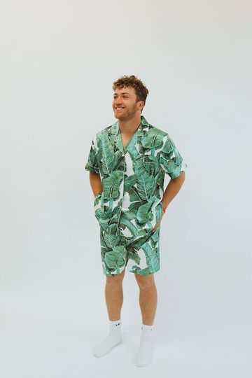 Discover Tropical Banana Leaf Mens Satin Pajamas | Luxury Sleepwear Set Relaxed Fit | Silky Smooth Lounge Set Comfort & Style | Perfect Gift for Him