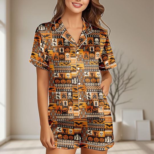 Vintage Halloween Satin Pajamas Set, Cute Pumpkin Women Pajamas, Skull Bat Sleepwear, Halloween Patchwork Pajamas, Spooky Gift For Her