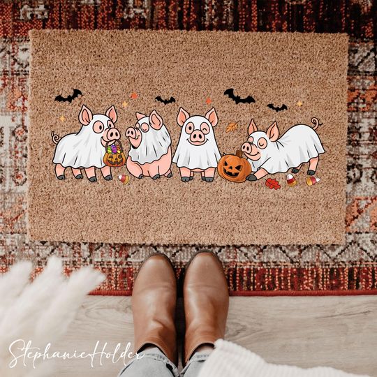 Discover Cute Pig Ghost Halloween Doormat, Funny Spooky Pig Welcome Mat, Spooky Season Porch Decor, Animal Farm Doormat, Pig Farmer Outdoor Rug