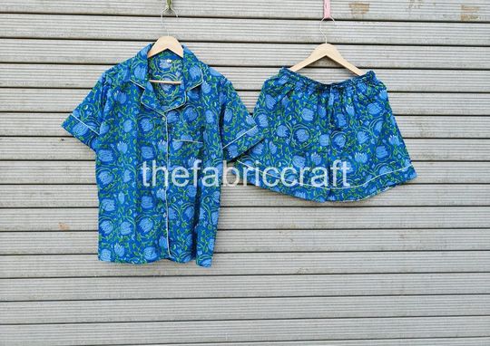 Discover Indian Cotton Floral Short Pajama Set, Sleepwear Short Set, Gift For Her, Gift For Mom, Bridal Gift, Bridesmaid Gift, Nightwear Short Set