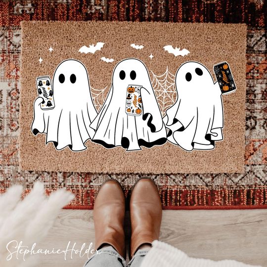Discover Halloween Ghost Holding Energy Drink Doormat, Spooky Ghost Halloween Doormat, Cute Ghost With Energy Drink Fall Doormat, Halloween Doormat