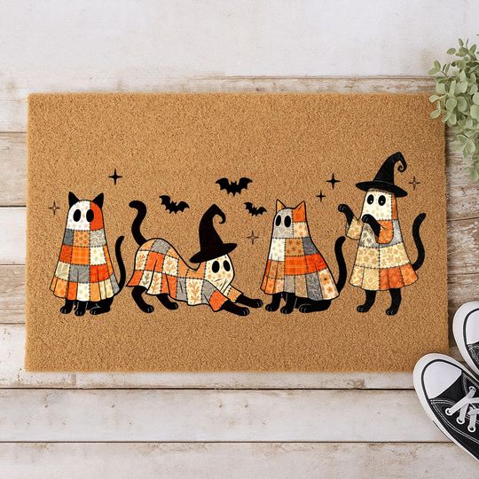 Discover Patchwork Halloween Ghost and Cat Doormat, Retro Spooky Floral Halloween Doormat, Halloween Doormat, Funny Halloween Mat, Black Cat Doormat