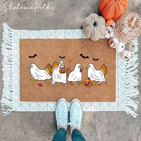 Discover Chicken Ghost Halloween Doormat, Funny Spooky Chicken Fall Welcome Mat, Spooky Season Porch Decor, Chick Or Treat Outdoor Front Door Rug