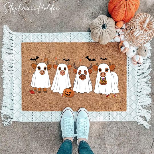 Discover Cute Cow Ghost Halloween Doormat, Funny Spooky Cow Fall Welcome Mat, Spooky Season Porch Decor, Bull Sheet Spooky Outdoor Front Door Rug