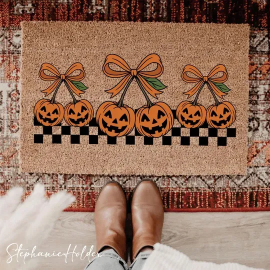 Coquette Bow Pumpkin Halloween Doormat, Jack O Lantern Fall Welcome Doormat