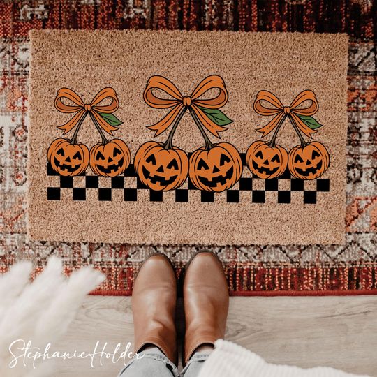 Discover Coquette Bow Pumpkin Halloween Doormat, Jack O Lantern Fall Welcome Mat, Spooky Season Porch Decor, Outdoor Autumn Front Door Rug