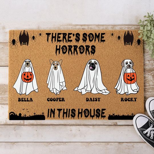 Discover There's Some Horror In This House Doormat, Custom Halloween Doormat, Personalized Dog Welcome Mat, Personalized Dog Lover Entry Rug