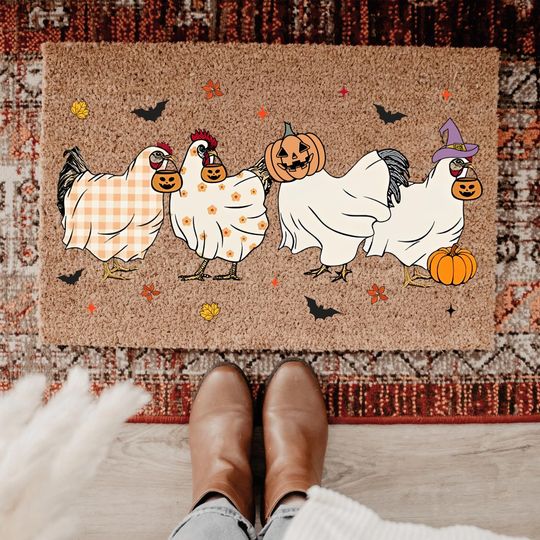 Discover Funny Chicken Halloween Doormat, Chicken Sheet Ghost Mat, Farmhouse Fall Door Mat, Spooky Hen Welcome Rug, Trick Or Treat Porch Decor