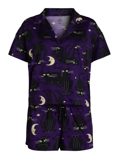 Discover Halloween Women’s Black Cat Shorty Relaxed Pajama Set, 2-Piece, Size M (8/10)
