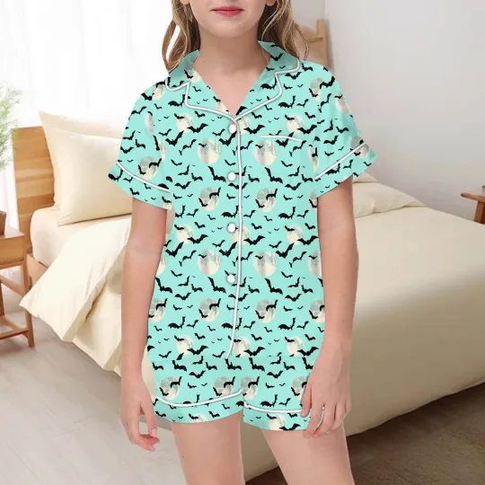 Girls Halloween Pajama Set Cute Button Up Top And Shorts 2 Piece Outfit For