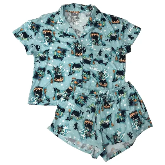 Womens Blue Witch Cat Ghost Halloween Pajamas Shorts & Top Sleep Set X-Small