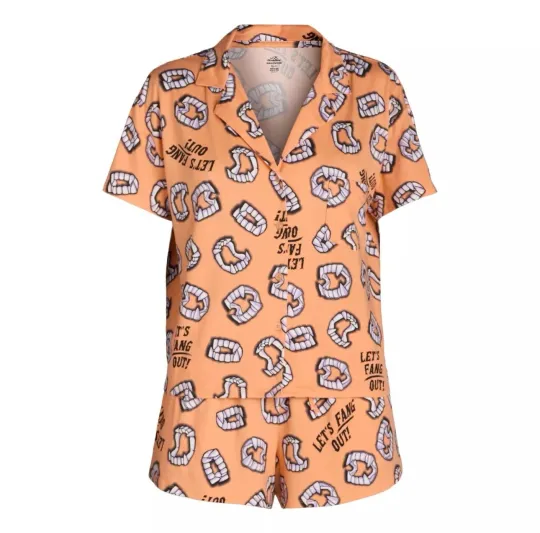 Discover Halloween Fang Print Shorty Pajama Set Relaxed Fit Women’s Size L (12-14) Orange