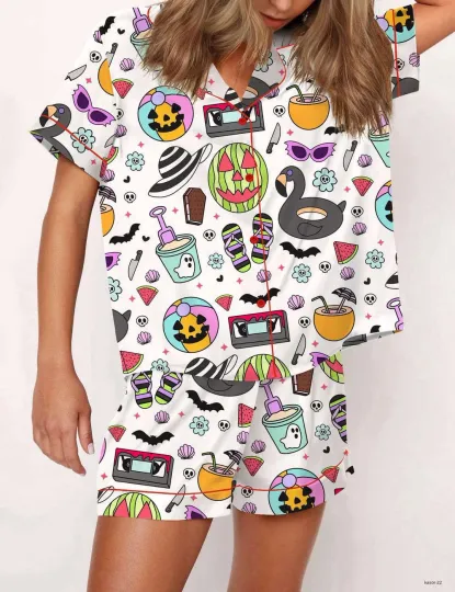 Discover Summerween Halloween Spooky Satin Pajama Set For Women Breathable Sleepwear