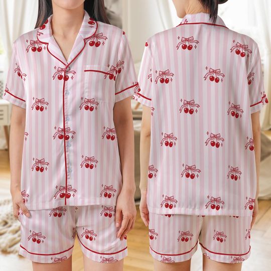 Discover Bow Knots Cherry Berry Stars on Striped Pink AOP Satin Short-Sleeve Pajamas Set, Cute Girly Sleepwear, Soft Loungewear Gift for Her