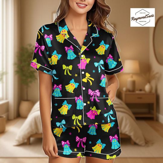 Discover Halloween Twinkle Ghost Pajamas Set, Black Satin Pyjama, Women Matching Set, Shorts PJs