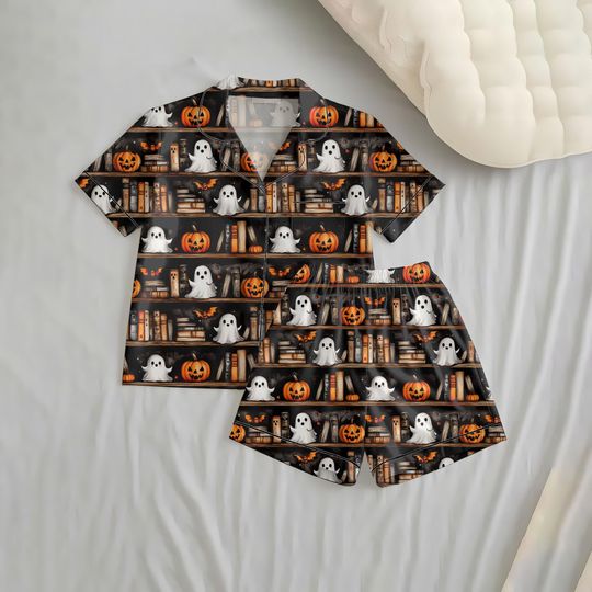 Discover Halloween Ghost Bookshelf Short Pajamas Set, Pumpkin Book Ghost Homewear, Cozy Loungewear, Halloween Book Sleepwear, Spooky Season Gift