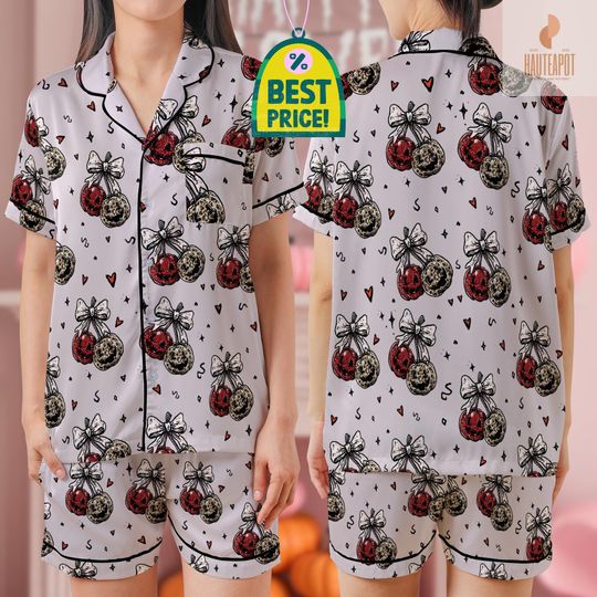 Pumpkin Cherries Pajamas Set, Halloween Cherries Pajamas, Button Up Sleepwear,Cozy Outfit for Horror Fans, Spooky Gifts for Men, Pajama Kids