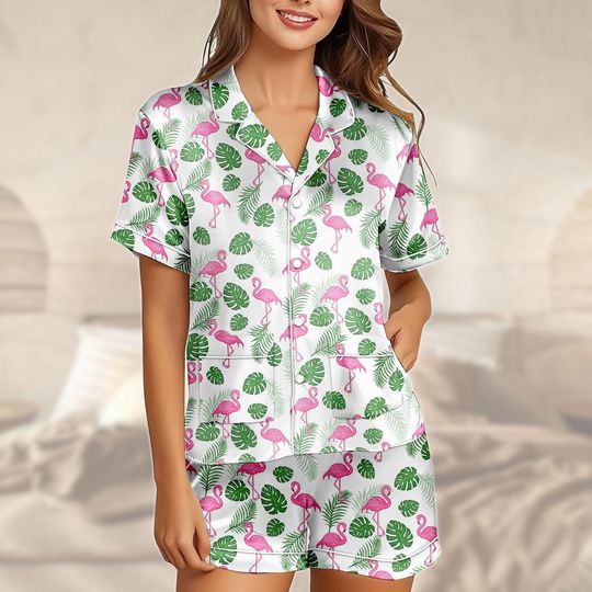 Discover Flamingo Short Satin Pajamas Set, Tropical Flamingo Nightwear, Pink Bird Summer Pajama, Soft Satin Lounge Set, Cute Pink Bird Sleepwear