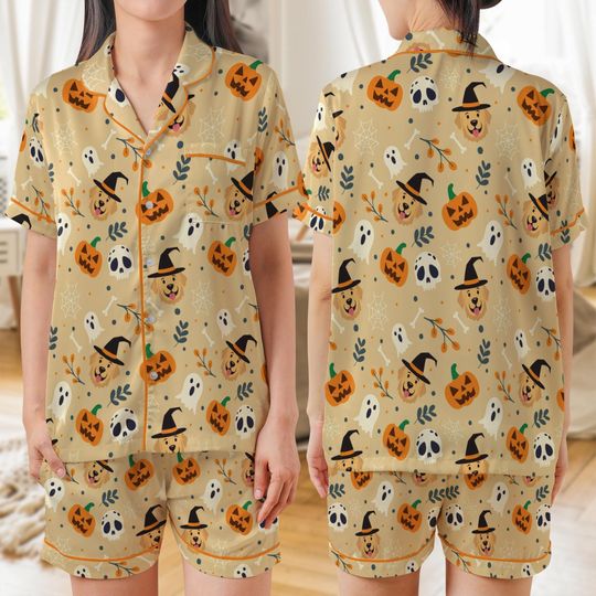 Discover Cute Halloween Golden Retriever AOP Satin Short-Sleeve Pajamas Set, Dog Lover Halloween Sleepwear, Soft Satin Pajamas set for Women