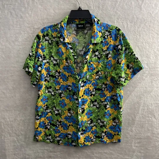 Discover Disney Mickey Floral Hawaiian Shirt Men Medium Rayon