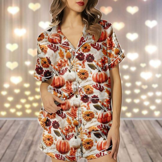 Fall Pumpkin Floral Satin Pajamas Set, Fall Harvest Women Pajamas, Cottagecore Sleepwear, Spooky Autumn Pajamas, Halloween 2025 Gift