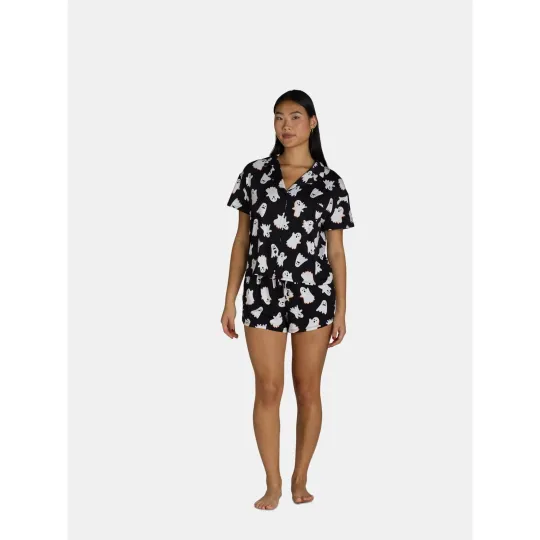 Halloween Women’s Size S Ghost Print Shorty Pajama Set, 2-Piece           --L1--