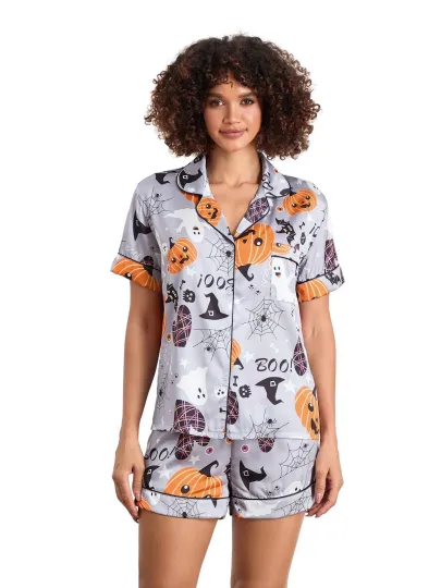 Halloween Satin Short Sleeve & Shorts PJ Set Silver w/Pumpkin,Ghost,Bat Medium
