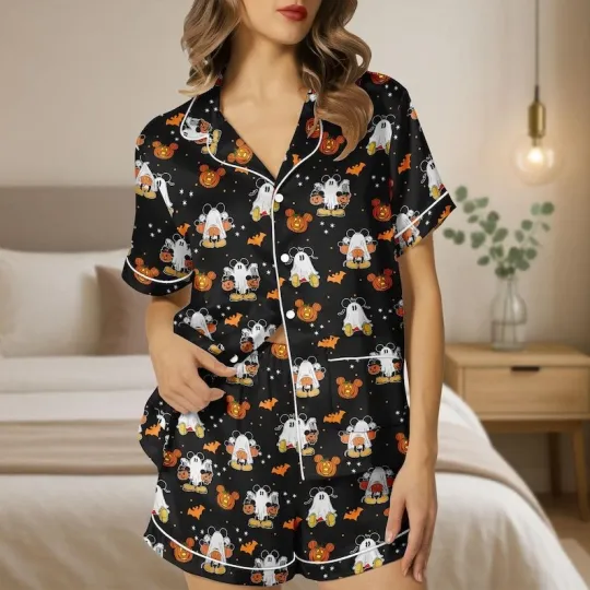 Discover Mickey Cosplay Halloween Boo Spooky Season Satin Short-Sleeve Pajamas Set